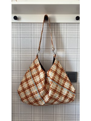 Mute Bag Orange Ekose Desen / Turuncu Ekose Desen Omuz Çantası (28*49)