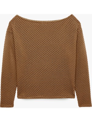 Koton File Dokulu Uzun Kollu Kayık Yaka Oversize Bluz