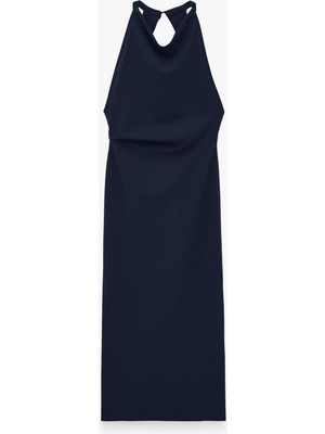 Koton Slim Fit Krep Scuba Halter Yaka Kolsuz Sırtı Açık Bodycon Uzun Elbise
