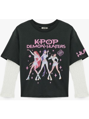 Koton Lisanslı Kpop Demon Hunters Iblis Avcıları Baskılı Pamuklu Bisiklet Yaka Uzun Kollu Tişört
