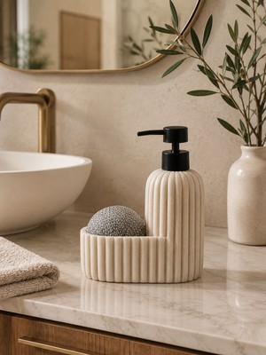 Ys Home YŞ Home- Polyresin Hazneli Sıvı Sabunluk Süngerlikli Krem | Dekoratif Mutfak ve Banyo Lavabo Organizeri | Modern Tezgah Üstü Aksesuar