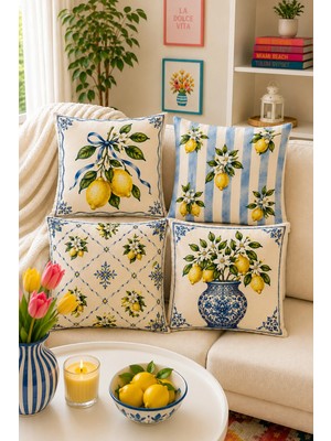 Ays Home Mavi Çini Limon Desen 4'lü Kırlent Kılıfı Seti
