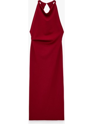 Koton Slim Fit Krep Scuba Halter Yaka Kolsuz Sırtı Açık Bodycon Uzun Elbise