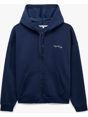 Koton Şardonlu Rahat Kalıp Kanguru Cepli Kapüşonlu Fermuarlı Simli Melek Baskılı Sweatshirt