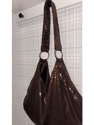 Mute Bag Cookie Sequin Shopper / Kahverengi Pullu Kadın Omuz Çantası (28*49)