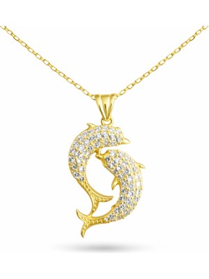 Hazego Gümüş Gold Çift Yunus Balığı Kadın Kolye