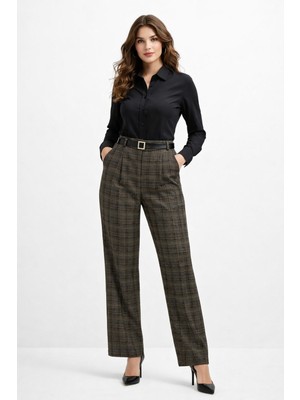 Kadın Ekose Pileli Bol Kumaş Pantolon BGL-ST04233