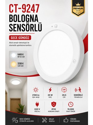 Yenilig CT-9247 Bologna Sensörlü LED Tavan Armatürü 20W– Gece Gündüz Sensörlü 22 cm