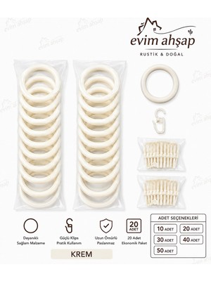 Evim Ahşap Rustik Perde Halkası ve Klips Seti – Korniş Uyumlu Perde Halkaları – Dayanıklı ve Paslanmaz – 10/20/30/40/50 Adet – Renk Seçenekleri Ceviz-Meşe-Siyah-Beyaz-Krem-Gümüş-Antrasit