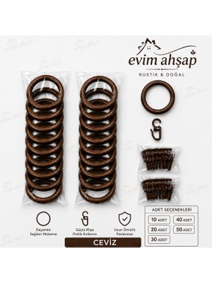 Evim Ahşap Rustik Perde Halkası ve Klips Seti – Korniş Uyumlu Perde Halkaları – Dayanıklı ve Paslanmaz – 10/20/30/40/50 Adet – Renk Seçenekleri Ceviz-Meşe-Siyah-Beyaz-Krem-Gümüş-Antrasit