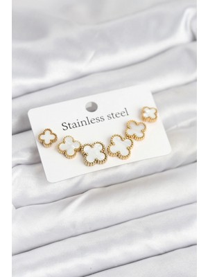 Marsilyan 316L Çelik Gold Beyaz Renk 3 Boy Yonca Küpe Seti TJ-BKP11237