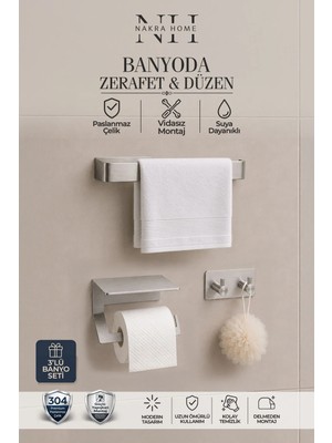 Nakra Home 3'lü Set ( Paslanmaz Çelik Yapışkanlı Havlu Askısı , Tuvalet Kağıtlığı ve 2'li Askılık ) Yapışkanlı Havluluk