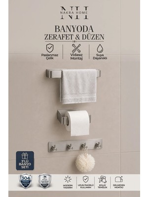 Nakra Home 3'lü Set (Paslanmaz Çelik Yapışkanlı Havlu Askılığı, Tuvalet Kağıtlığı ve 4'lü Askılık) Yapışkanlı
