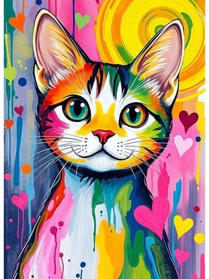 Bedeko Renkli ve Desenli Kedi Portresi Mdf Ahşap Tablo