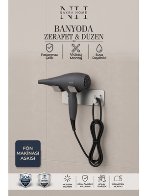 Nakra Home Paslanmaz Çelik Yapışkanlı Fön Makinesi Askısı | Delmeden Montaj | Neme Dayanıklı Saç Kurutma Askısı