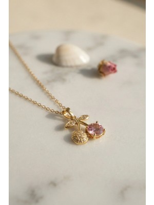 Marsilyan 316L Çelik Zincir Gold Renk Pembe Kiraz Model Kolye TJ-BKO11190