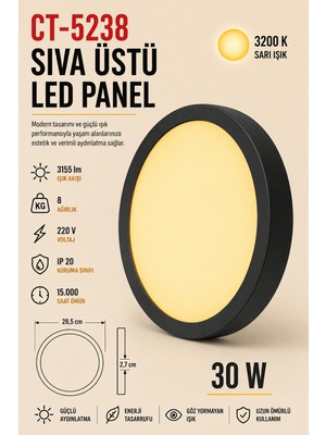 Yenilig CT-5238 Sıva Üstü LED Panel 30W Siyah Kasa – 28,5 cm Çap 2,7 cm