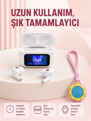Arenes Ekranlı Kablosuz Kulaklık ve Pembe Çanta Charm Saat Kampanya Seti - Lisinya