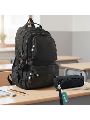 Duomino Krinkıl Suya Dayanıklı Büyük Boy Siyah Klinkır Sırt Çantası 15,6 Laptop Okul Çantası Kalemlik Takım Çanta