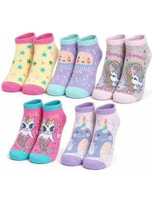 Fantastik Store 5’li Kız Çocuk Çorap Seti Deniz Kızı Unicorn Desenli Pamuklu Rahat Burunlu Renkli