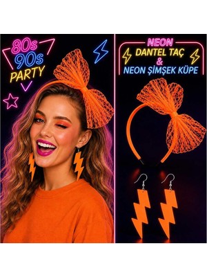 Evimdeyokyok Neon Turuncu Dantel Taç ve Şimşek Küpe 8039LER 9039LAR Parti Seti