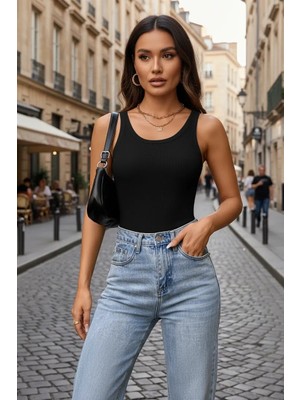 Nemere Kadın Siyah Kolsuz Kalın Askılı Uzun Crop Top Bluz & Atlet Modern Basic Üst