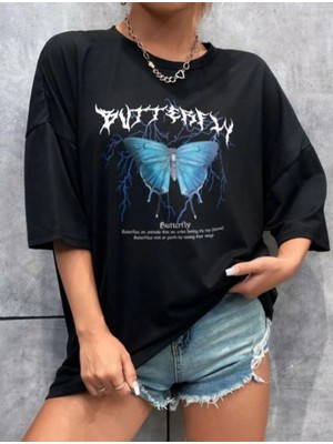 Tarz Yeri Kadın Kelebek Baskılı Oversize Kısa Kol T-Shirt - Siyah