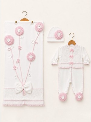 Kardeşler Bebe Çiçek Işlemeli Kız Bebek Battaniye Tulum 3’lü Set