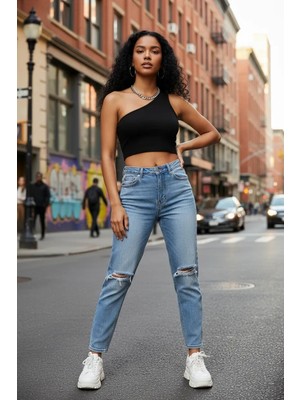 Nemere Kadın Siyah Fit Görünümlü Tek Omuz Crop Top Büstiyer