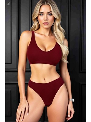 Nemere Kadın Bordo Özel Tasarım Seamless Tanga Sütyen Takımı Şık Iç Giyim Seti