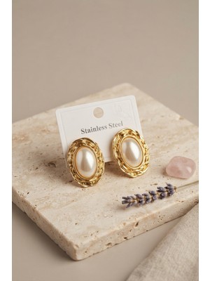 AyrStore 316L Gold Renk Gold Renk Vintage Beyaz Incili Model Küpe