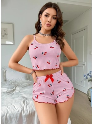 Nemere Kadın Pembe Kiraz Desenli Askılı Şortlu Pijama Takımı Rahat Şık 2’li Set
