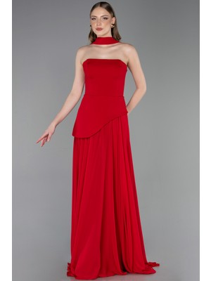 Abiyefon Straplez Peplum Kesim Şallı Uzun Şifon Abiye ABU6042