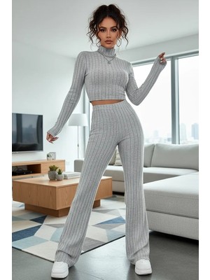 Nemere Kadın Gri Çizgili Boğazlı Crop Top Yüksek Bel Pantolon Takım Şık 2’li Set