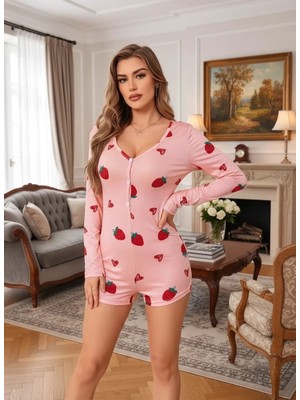 Nemere Kadın Pembe Çilek Desenli Pijama Tulumu Yumuşak Rahat Ev Giyimi Şık Özel Tasarım