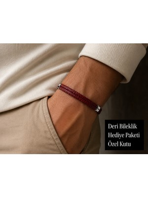 Herşey Nota Bordeaux Anchor Çift Örgü Bordo Deri Erkek Bileklik Gümüş Ton Detaylı
