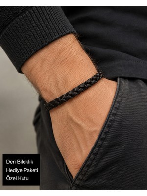 Herşey Nota Seravon Siyah Örgü Deri Erkek Bileklik – Metal Klipsli Premium Tasarım