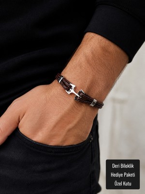 Herşey Nota Belluno Çift Sıra Örgü Deri Erkek Bileklik – Gümüş Renk Metal Detaylı