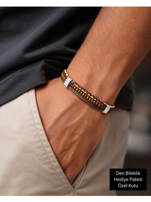 Herşey Nota Lucente Tiger Eye Deri Erkek Bileklik | Çelik Detaylı Premium Tasarım