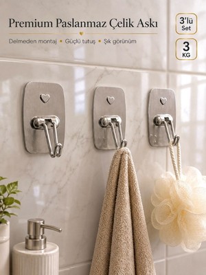 Mucit Home 3'lü Paslanmaz Çelik Çok Amaçlı Askı Havlu Askısı Banyo Mutfak Askısı Yapışkanlı