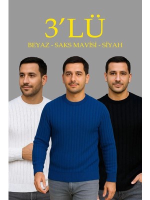 İlk El Grup Erkek Fitilli Triko Bisiklet Yaka Kalın Kazak 3'lü Set Beyaz-Saks Mavisi-Siyah