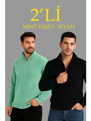 İlk El Grup Erkek Fitilli Triko Kazak 2’li Set Mint Yeşili Siyah Kalın Dokuma Pamuklu Regular Fit V