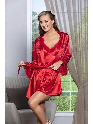 Nemere Kuşaklı Mini Boy Saten Sabahlık Kırmızı