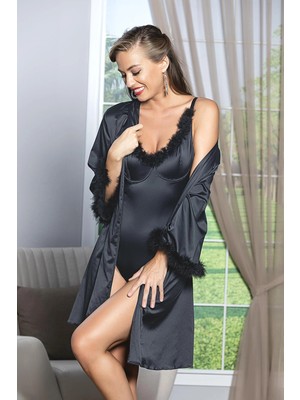 Nemere Kuşaklı Mini Boy Saten Sabahlık Siyah