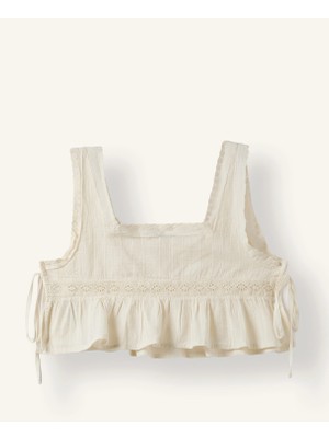 DeFacto %100 Pamuk Regular Fit Kare Yaka Fırfırlı Askılı Brode Crop Basic Bluz H0712AX26HS