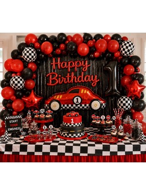 Bkmc Party Kırmızı Siyah Yarış Arabası Doğum Günü Seti 50'li Balon Happy Birthday Folyo Balon Dama Temalı Parti Süsleme Seti Parti Doğum Günü Süsleme Seti