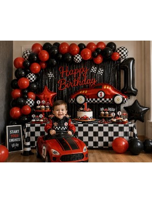 Bkmc Yarış Arabası Doğum Günü Süsleme Seti 50'li Balon Kırmızı Siyah Dama Happy Birthday Folyo Balon 1 Yaş Doğum Günü Parti Seti  Parti Doğum Günü Süsleme Seti