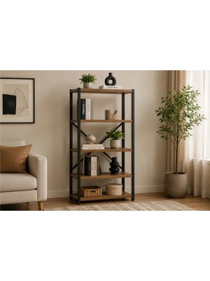 Vivense Metal Gövdeli Ceviz Kitaplık, 5 Raflı, 59X24X150 cm