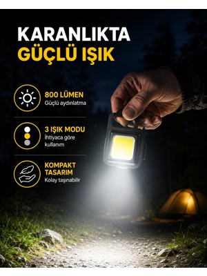 Marsilyan Şarjlı Cob LED Anahtarlık Fener – 4 Modlu, Manyetik ve Katlanabilir Standlı Yeni Nesil