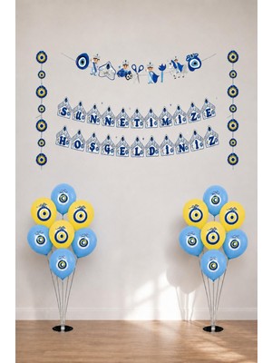 Sünnet Kutlama Seti 3lü Banner, 20 Adet Sarı- Mavi Nazar Boncuğu Baskılı Balon ve 2 Adet Balon Standı